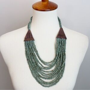 Seed Bead Wood Necklace Turquoise Color Multi Strand Coconut Button Clasp NWOT